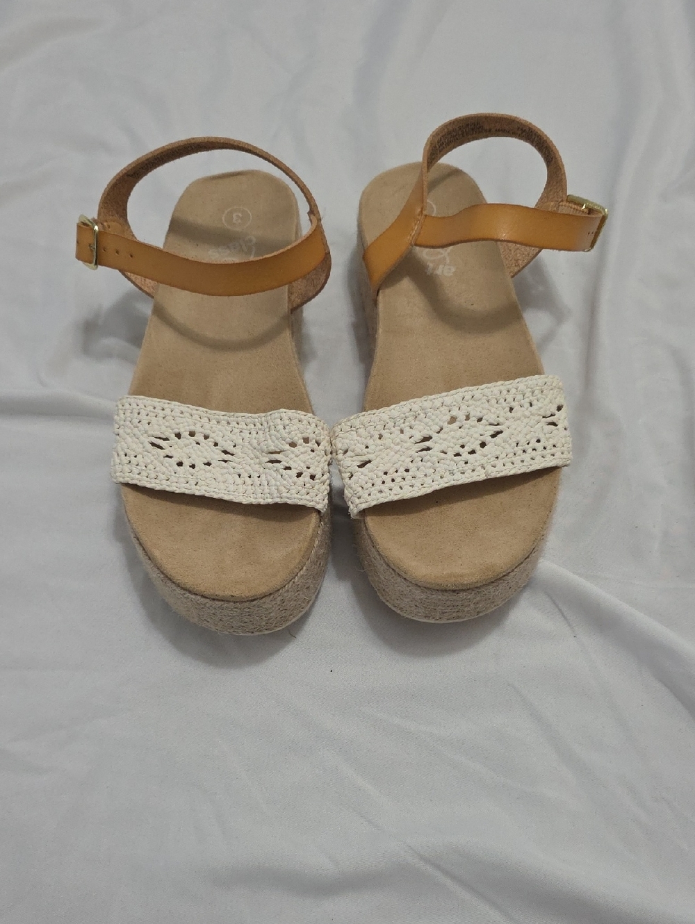 Girls Cream Crochet Front Platform Sandals with Tan Ankle Strap